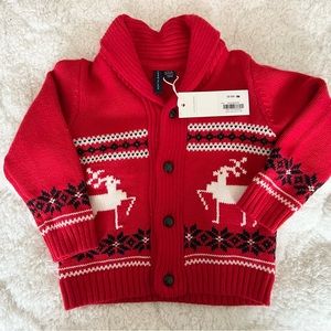 NWT Janie & Jack Boys Cardigan Sweater 12-18mos Red Navy White Holiday Reindeer